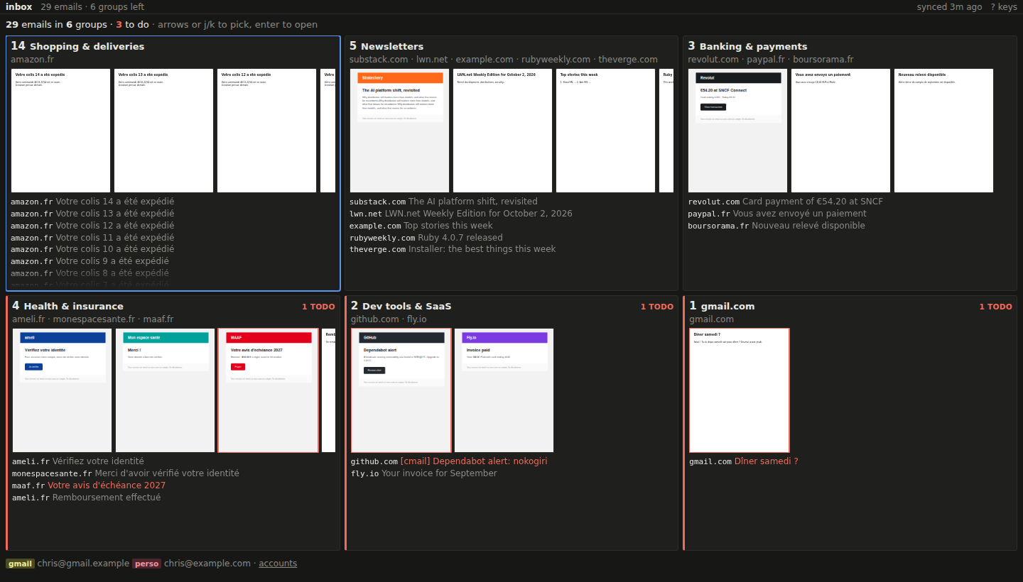The cmail summary: 29 emails that AI sorted into 6 groups such as Shopping, Newsletters, Banking and Health, each with thumbnails of its emails and its to-dos in red