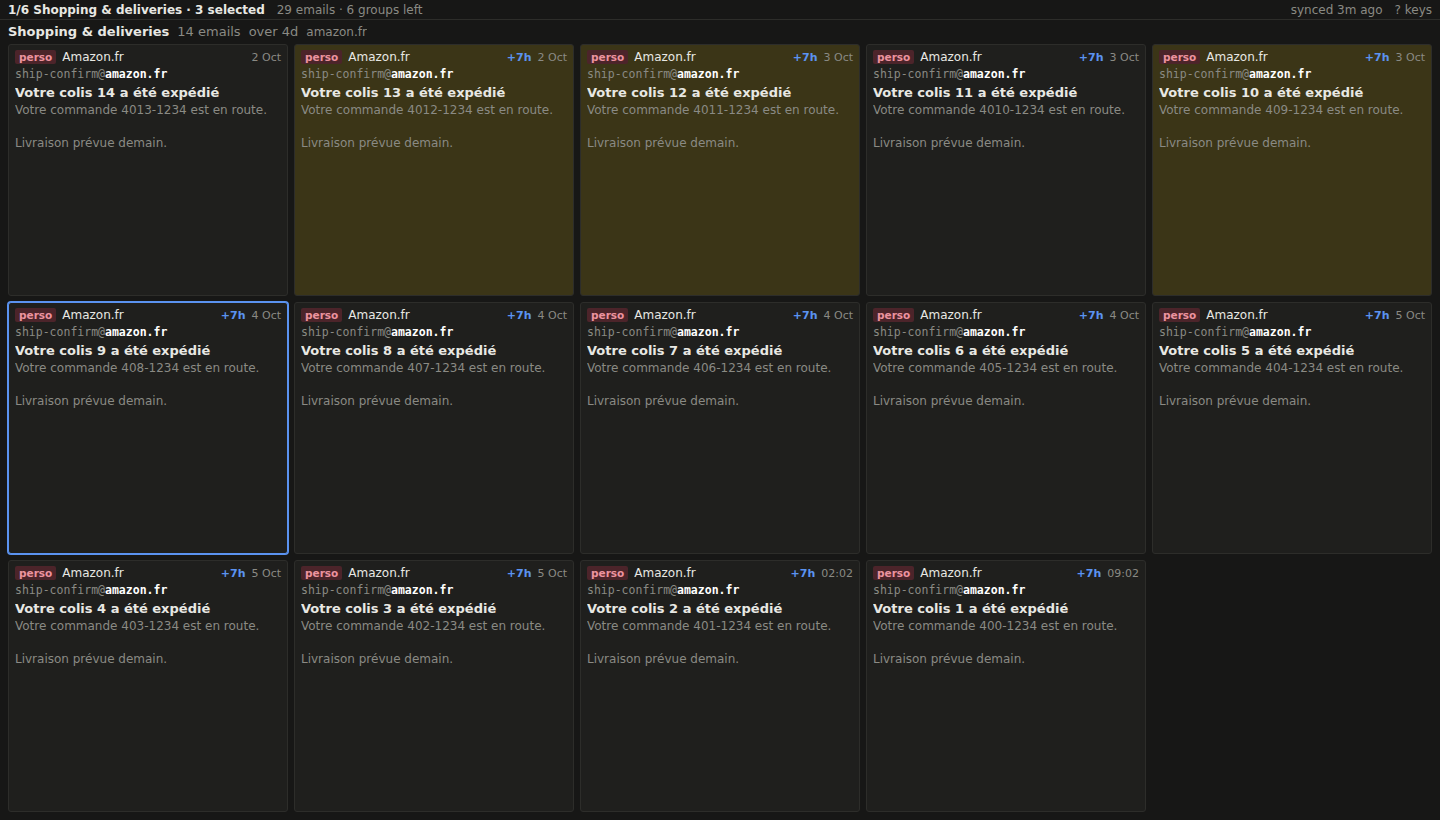 A large group of shipping notifications with three emails selected